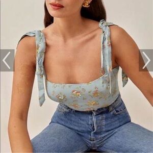 Reformation Pale Blue Floral Tie-Shoulder Crop Top